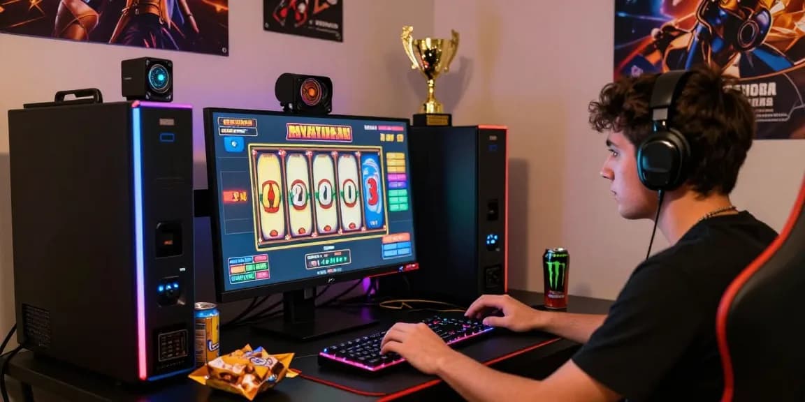 Excited player enjoying an online gaming session on slot raja, surrounded by gaming accessories and vibrant decor.