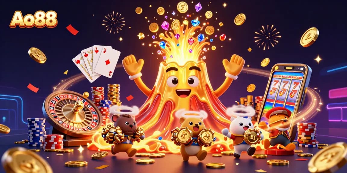 Engage in the thrilling action at Ao88 with a dynamic scene of a golden volcano and treasure-seeking animals.