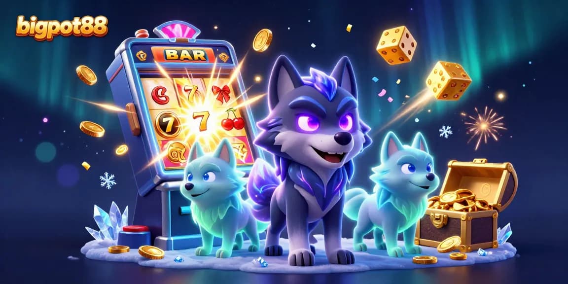 Experience the excitement of bigpot88 with a dynamic 3D casino scene featuring wolves, jackpots, and vibrant game elements.