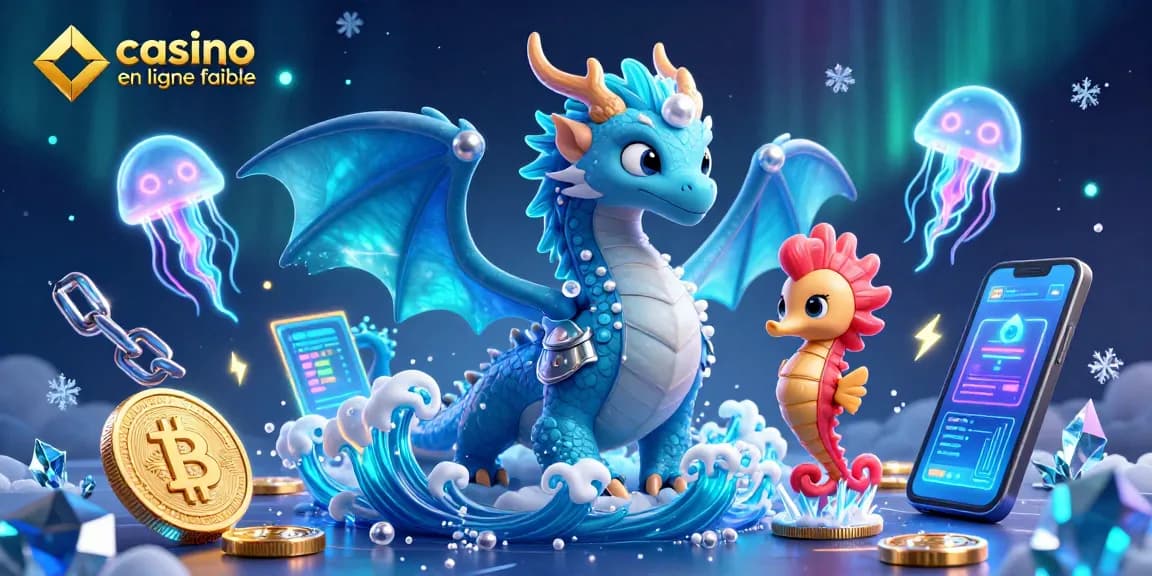 Rejoignez le casino en ligne fiable avec une illustration d'un dragon aquatique et un chevalier.
