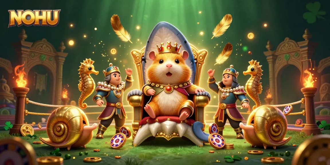 Experience NOHU in this vibrant 3D scene featuring the golden hamster king and exciting casino elements.