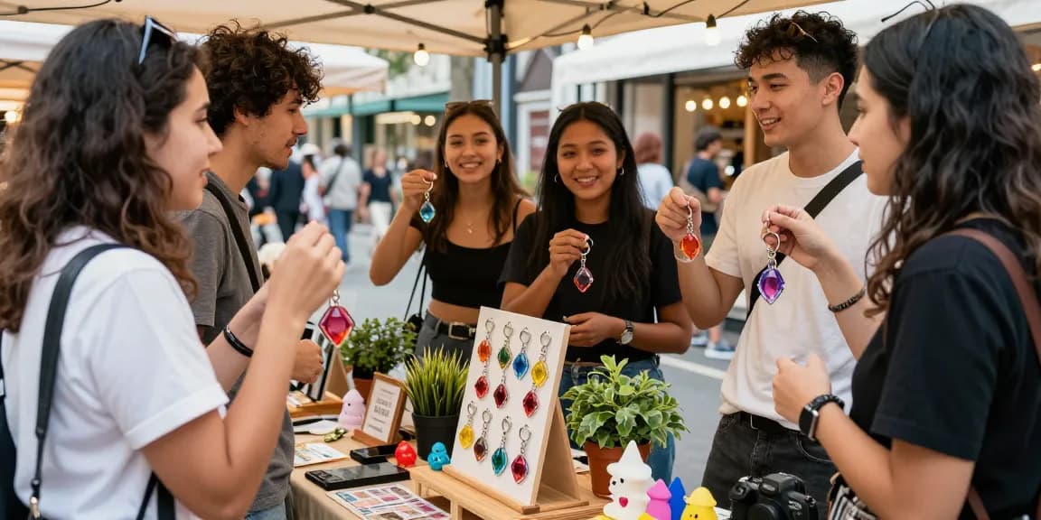 Showcasing Custom Acrylic Diamond Keychains at an urban market stall with diverse young adults enjoying the vibrant atmosphere.