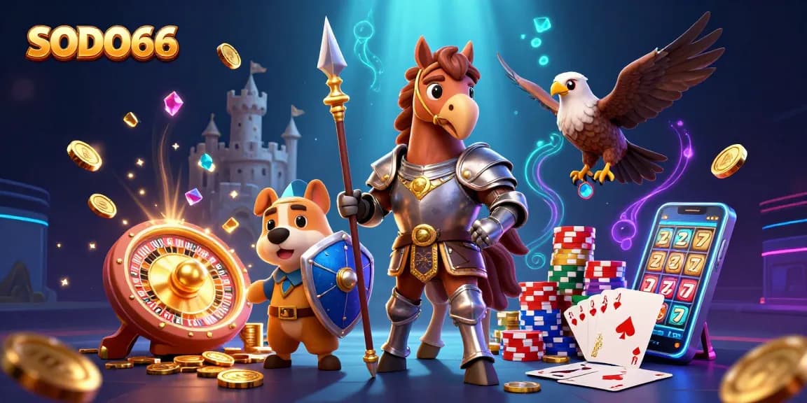SODO66 features a lively scene with a knight, puppy, and falcon amidst casino elements.