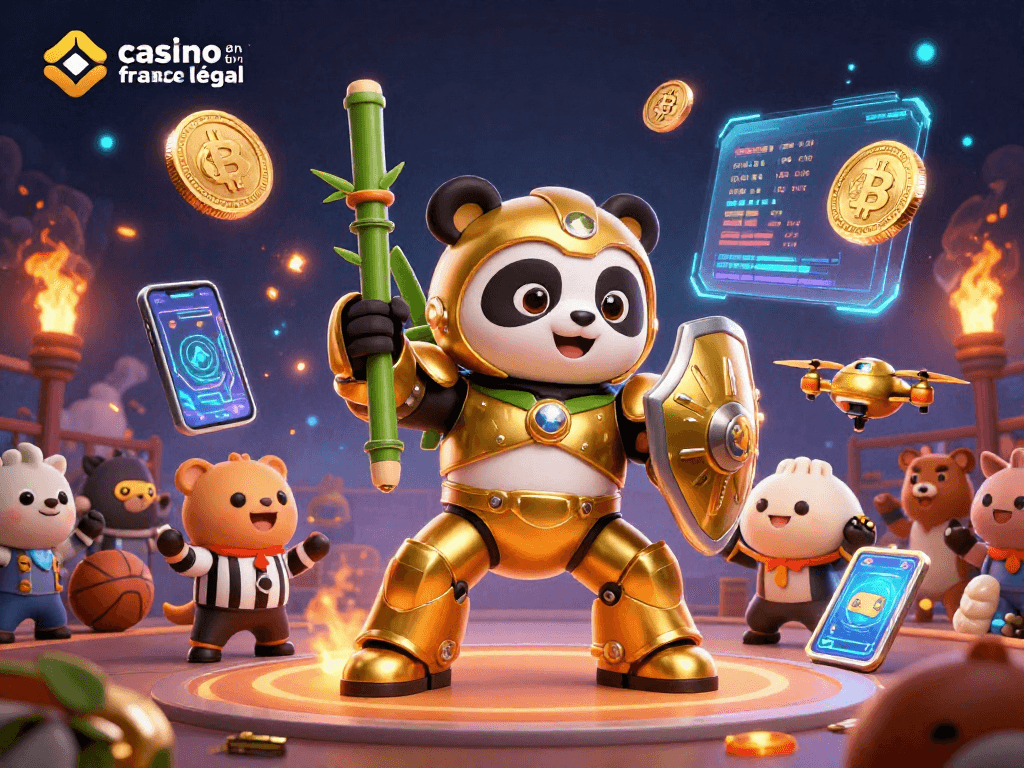Plongez dans le monde du casino en ligne France légal où un panda doré pilote un robot dans une arène de jeu dynamique.