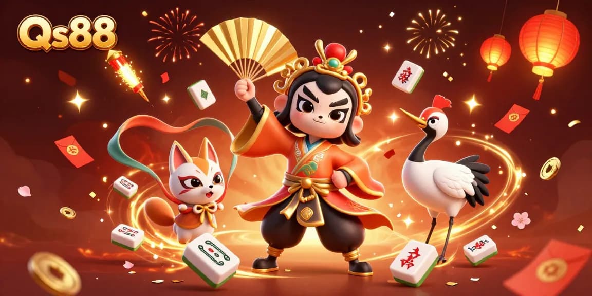 Join the excitement at Qs88 with festive gaming elements and vibrant characters in this rich illustration.