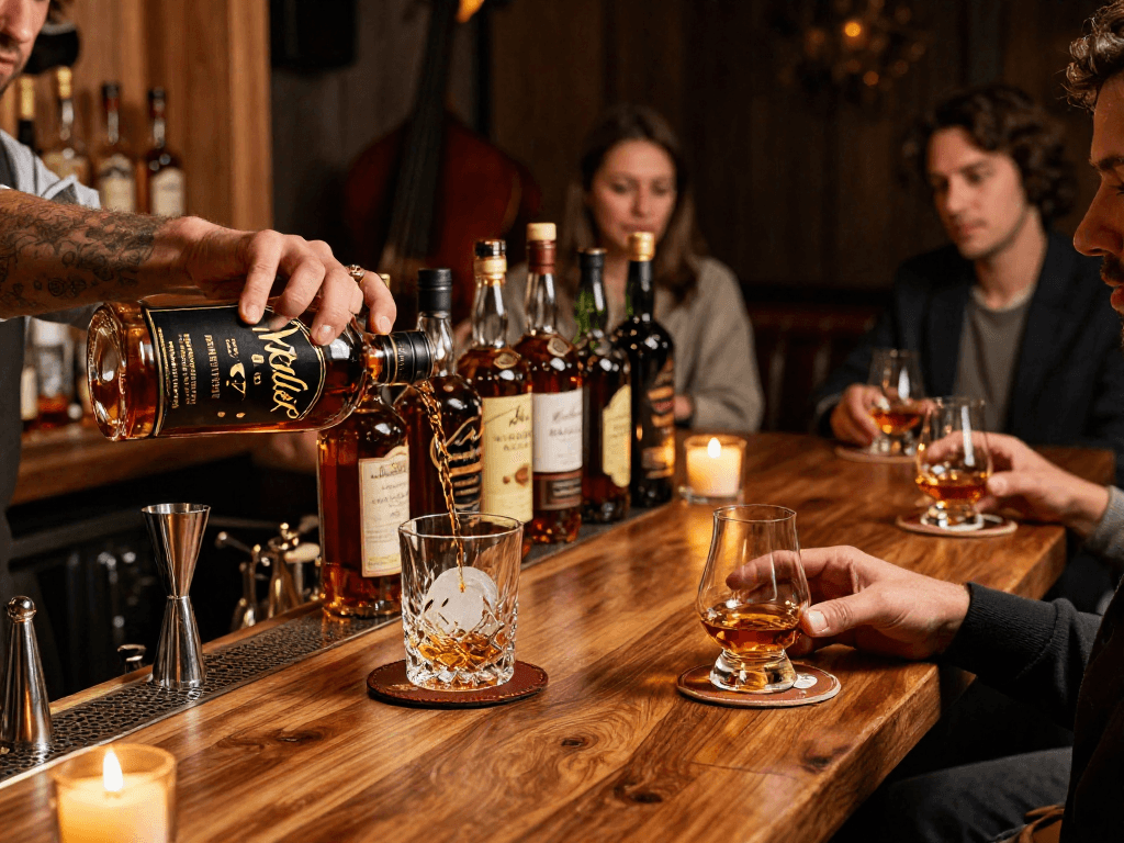 Pouring Weller Antique 107 Bourbon into a glass at an elegant bar setting, showcasing rich color and cozy atmosphere.