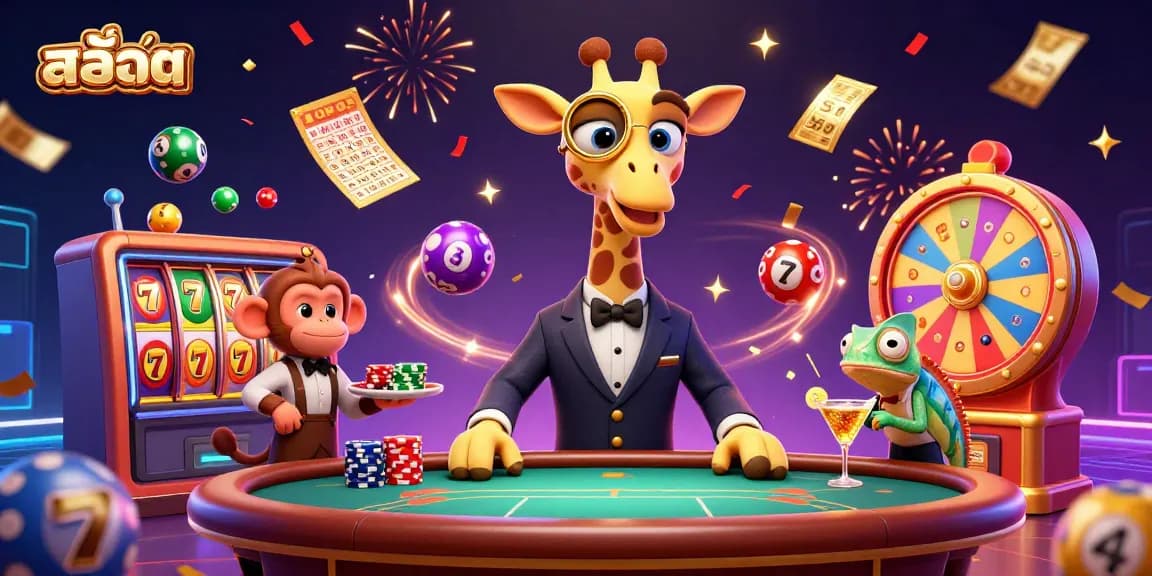Engage with สล็อต through a vibrant casino scene featuring a high-roller giraffe, monkey valet, and chameleon bartender.