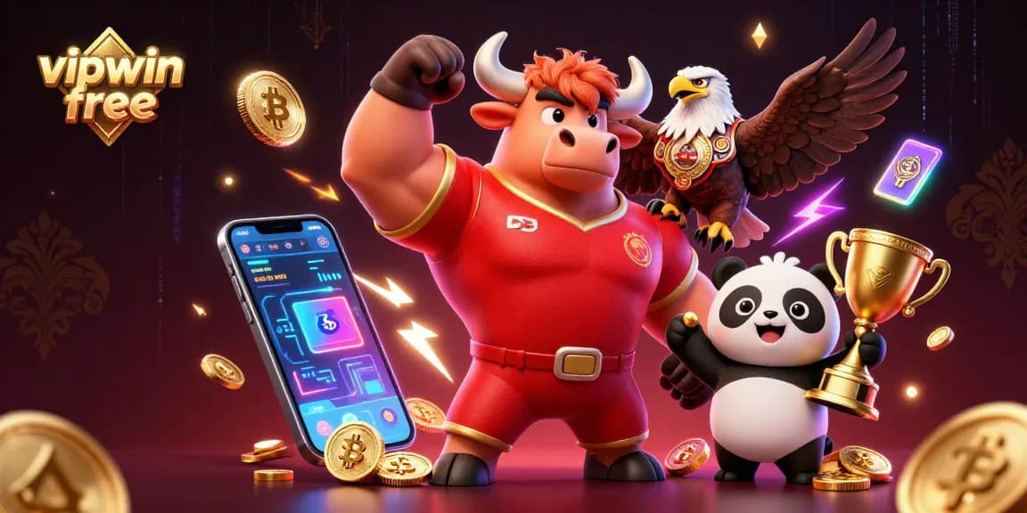 Experience the thrill at vipwin free with vibrant 3D characters celebrating gaming success amid neon crypto elements.