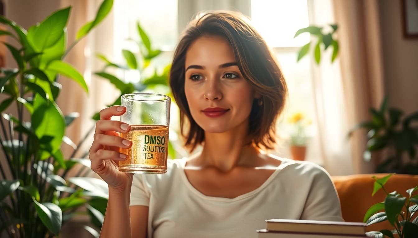 Visual representation of the benefits of drinking dmso showcasing a peaceful individual with a DMSO solution.