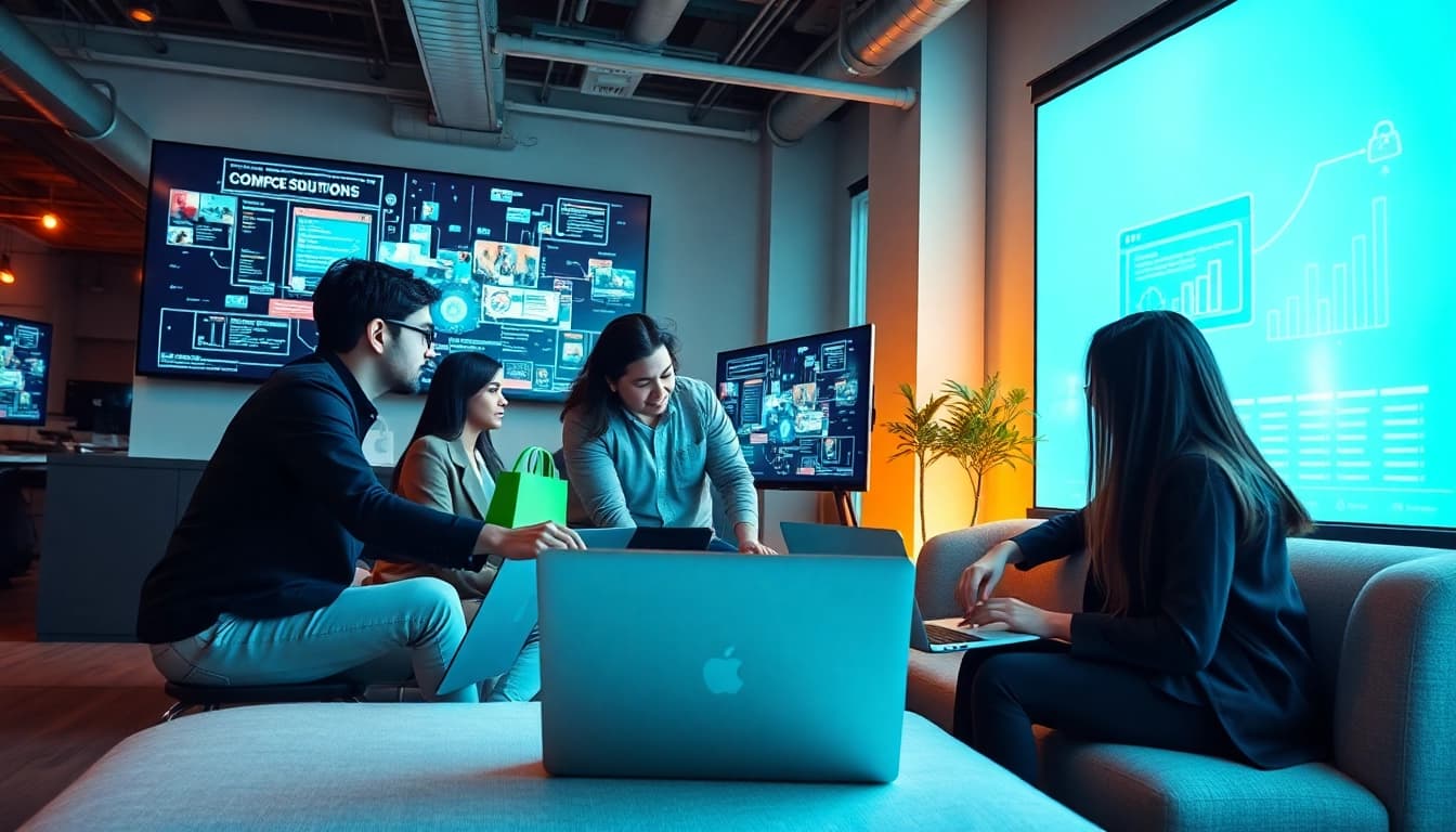 Visualize headless Shopify development team collaborating on innovative e-commerce solutions in a modern office.