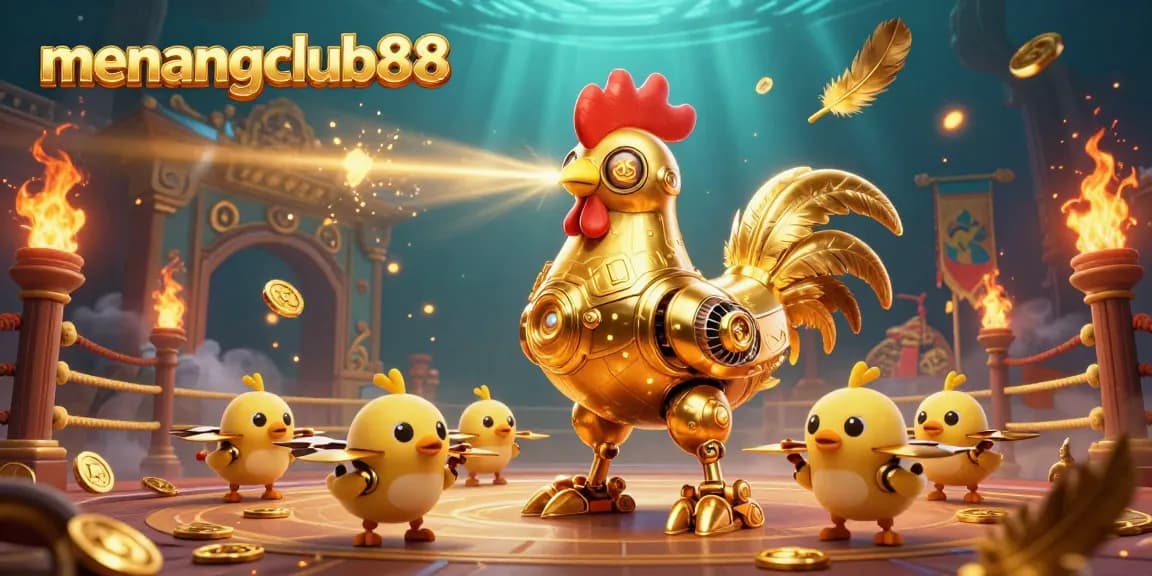 Experience menangclub88 with vibrant casino action featuring a golden rooster robot and baby chick drones in a dynamic arena.
