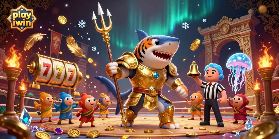 Play iwin with thrilling action in an underwater colosseum featuring a tiger shark and dynamic game elements.