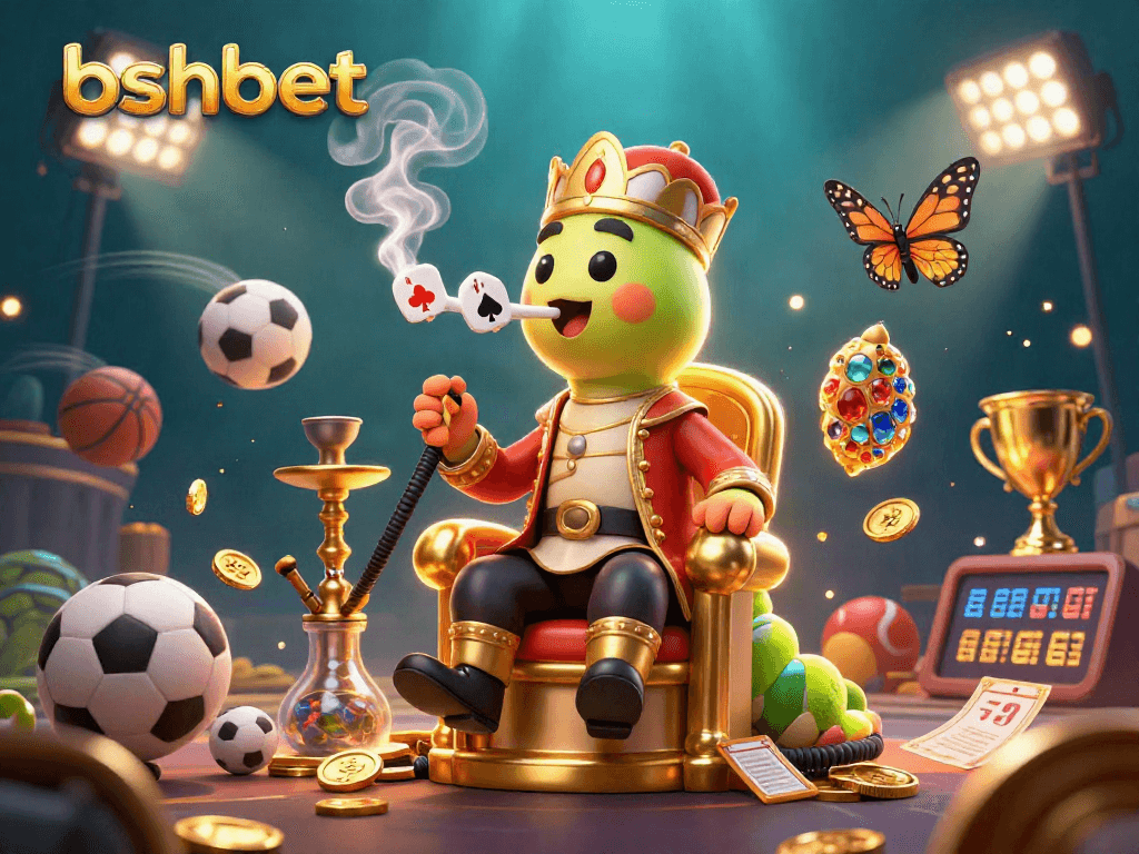 bshbet sports betting illustration featuring a caterpillar sultan surrounded by games and trophies.