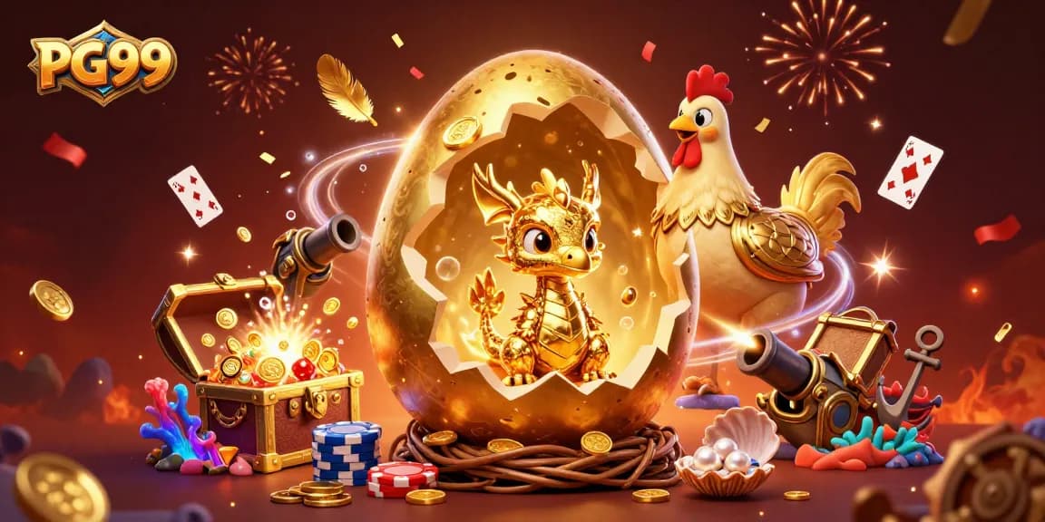Experience the thrill of winning at PG99 with vibrant poker chips and a golden dragon illustration.