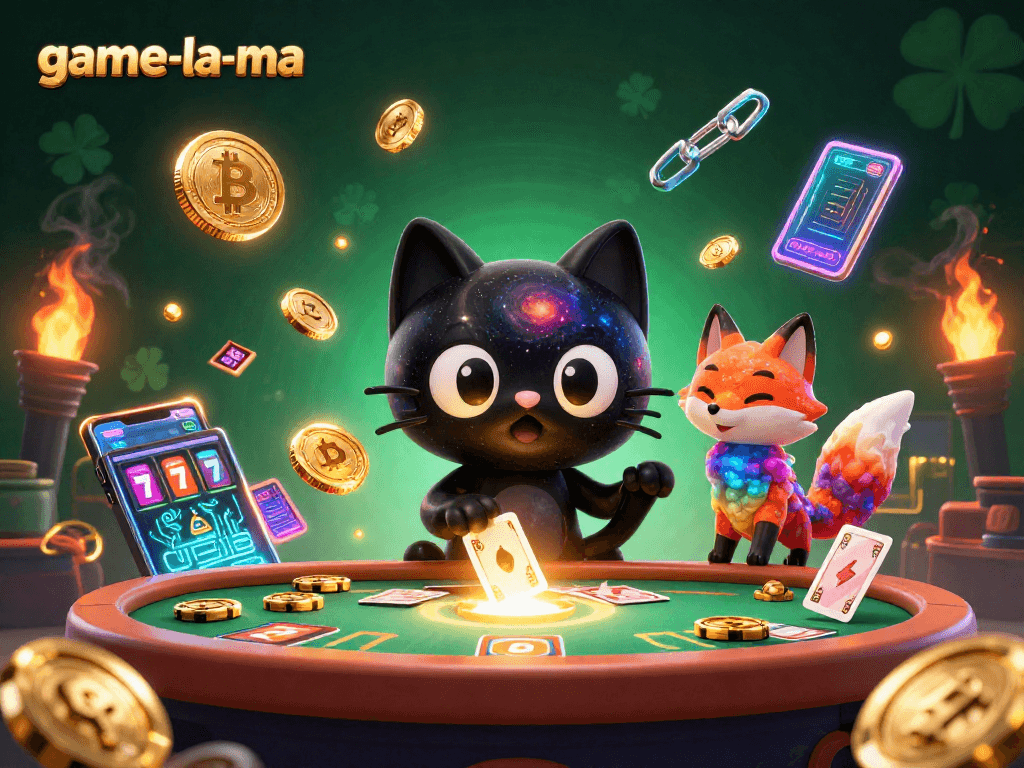 Experience thrilling gameplay with game-la-ma as a cosmic cat pulls in chips and cards amidst digital currencies.
