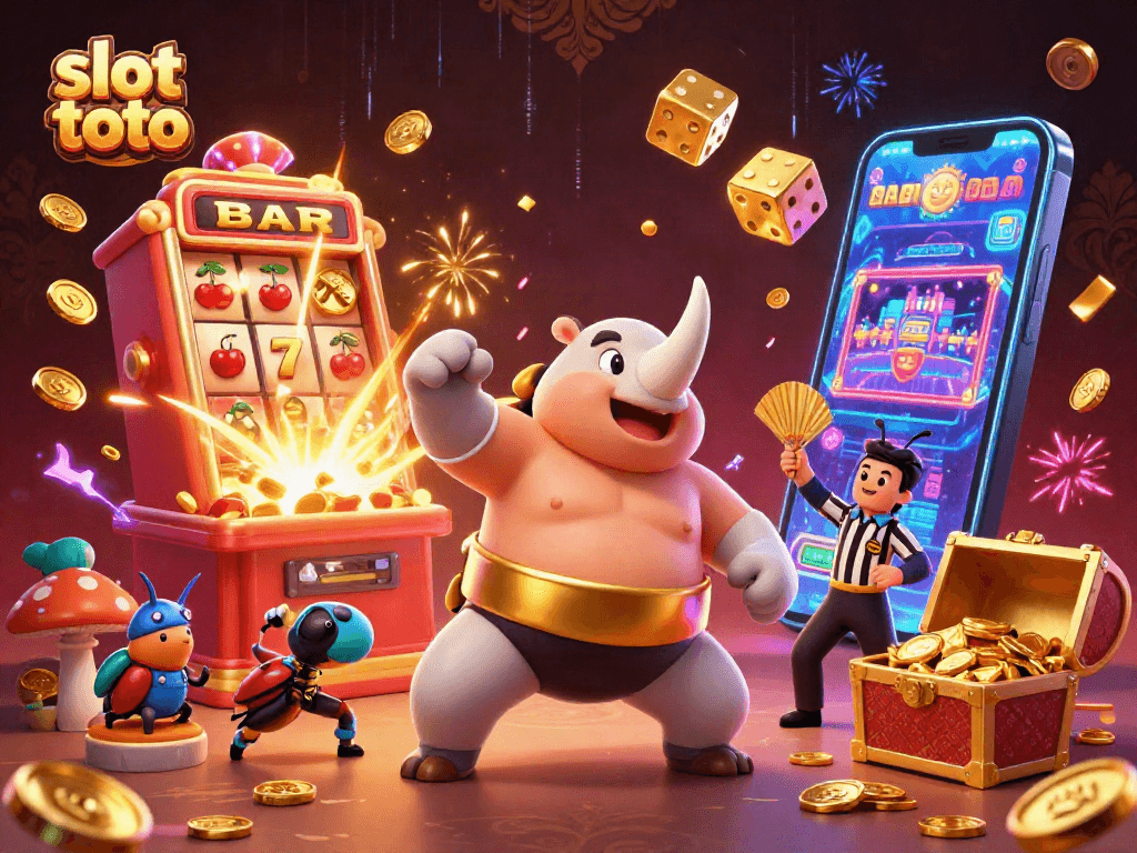 Engage in thrilling slot toto action with a powerful beetle champion amidst a vibrant 3D casino scene.