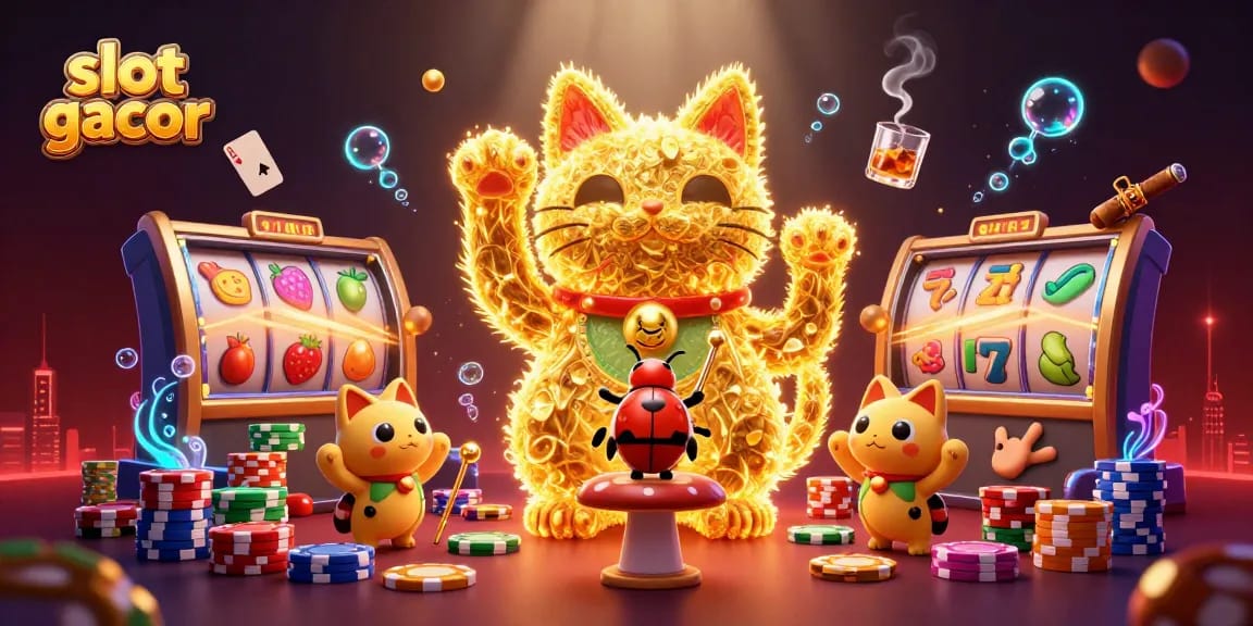 Experience thrilling slot gacor moments with vibrant casino elements featuring a lucky cat and golden fireflies
