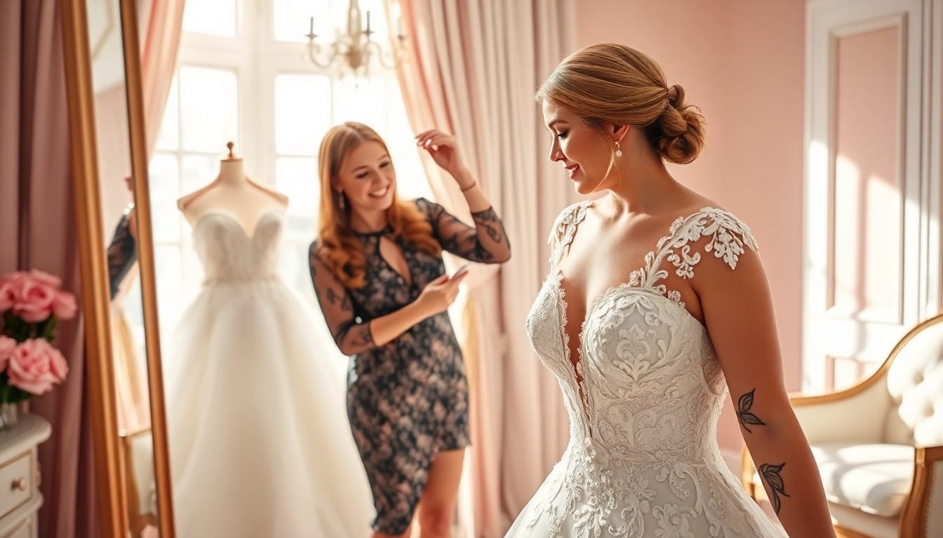 Bridal styling: un esperto stilista che aiuta una sposa a prepararsi per il giorno del matrimonio.