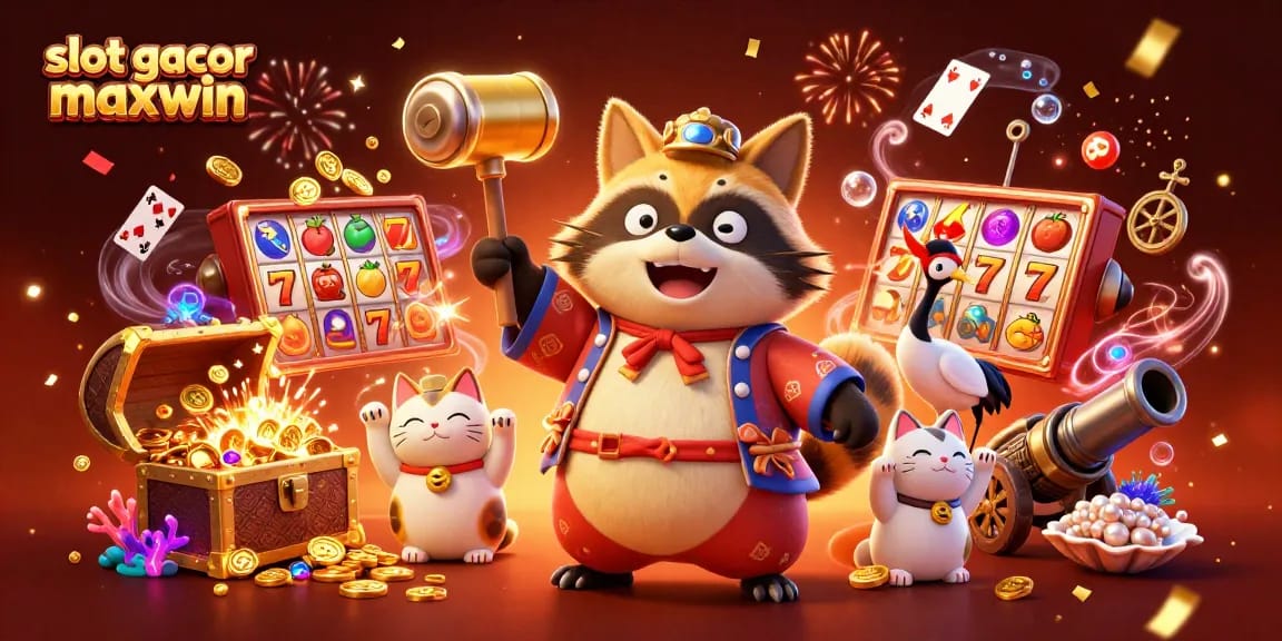 Engage with slot gacor maxwin through a lively casino scene featuring lucky tanuki, cranes, and fortune cats.