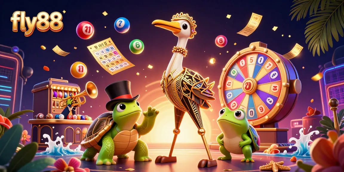 Experience the excitement of fly88 as characters engage in thrilling casino adventures surrounded by vibrant game elements.