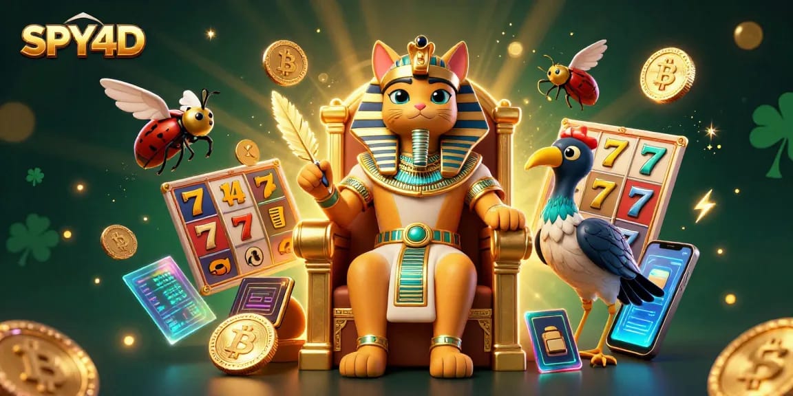 SPY4D menampilkan kucing firaun dan ibis, slot, serta elemen cryptocurrency, menjanjikan kesenangan bermain.
