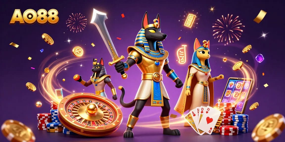 Spin with AO88: Anubis and Bastet celebrate wins in a vibrant casino scene.