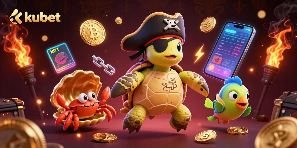 Kubet showcases a vibrant 3D scene with unique characters and crypto elements, enhancing the gaming experience.