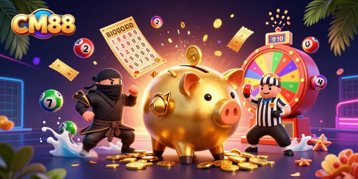 Join CM88’s exciting casino adventure with a golden piggy bank sumo wrestler winning big in vibrant 3D art.