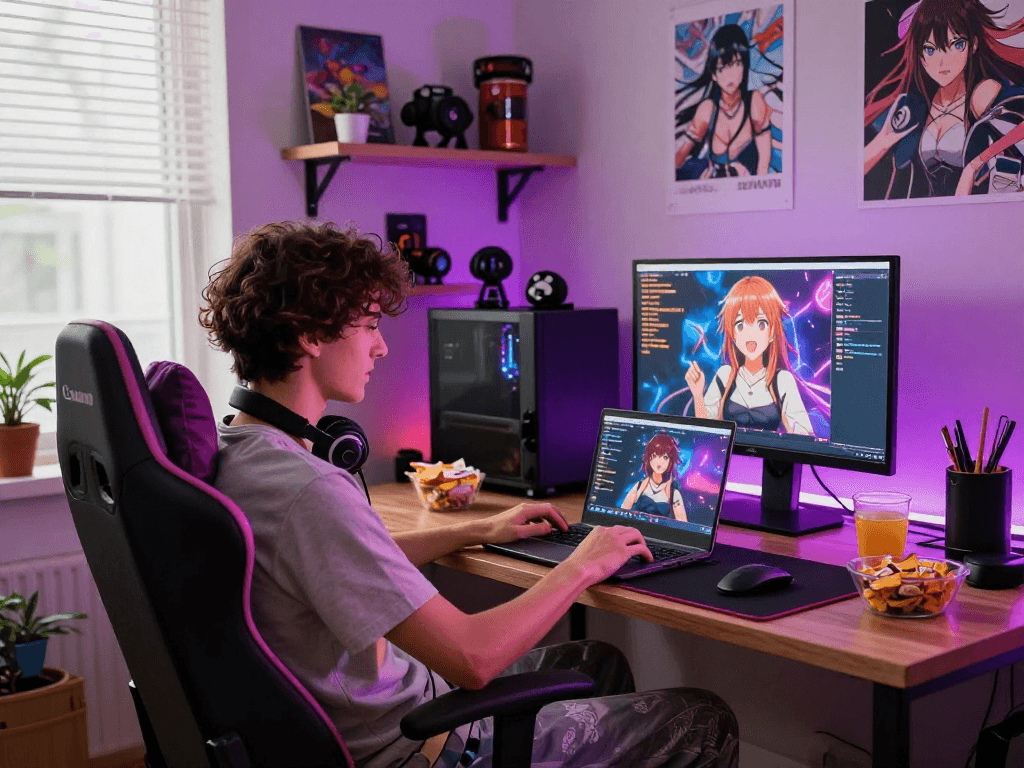 Engaged user enjoying hentai chat in cozy home office, colorful decor, inviting atmosphere.