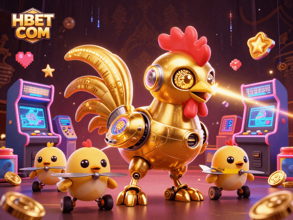 Engage in thrilling games at HBET COM with our golden rooster robot and colorful gaming elements.