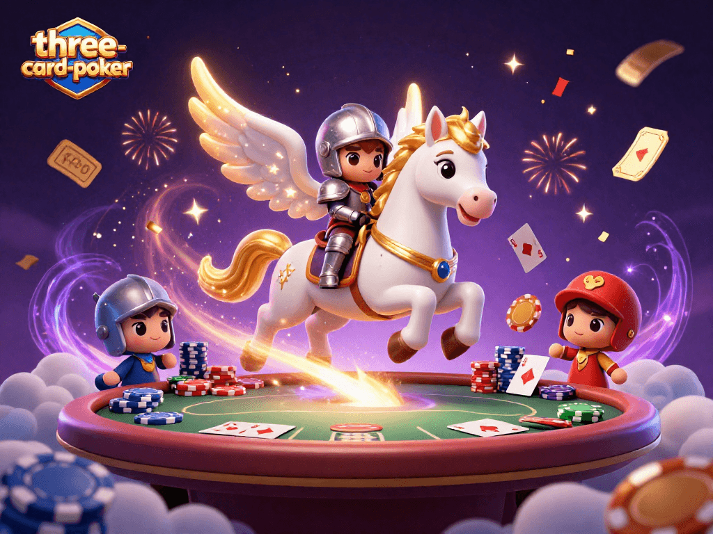 Engage in three-card-poker with vibrant colors and dynamic casino elements surrounding you.