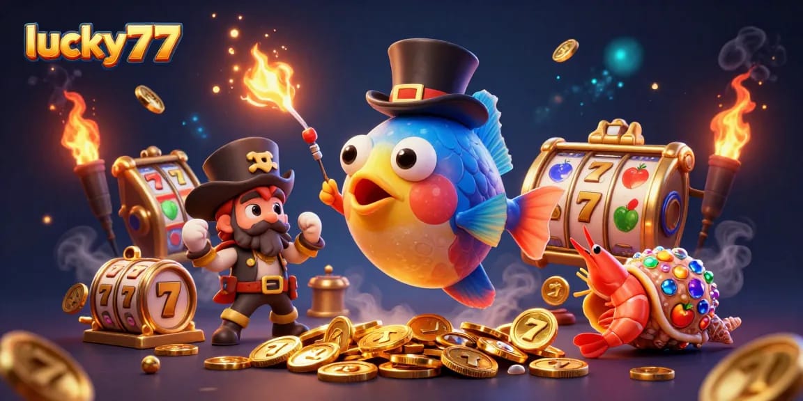 Join lucky77's underwater adventure with vibrant creatures and spinning slot reels.