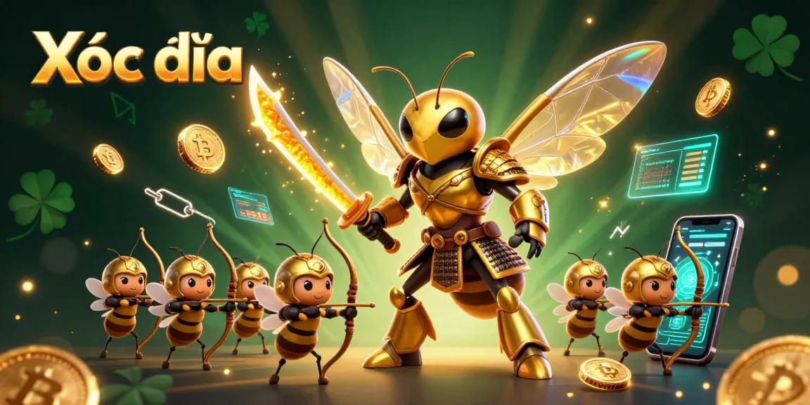 Xóc đĩa scene showcasing a golden hornet and bee archers engaged in immersive gambling action amid dynamic cryptocurrency elements.