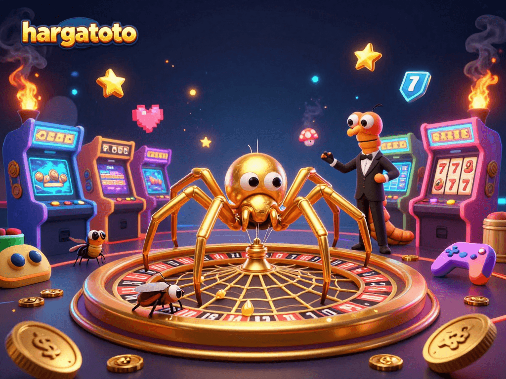 Experience excitement with hargatoto's thrilling golden slot scene featuring a spider and a fly.
