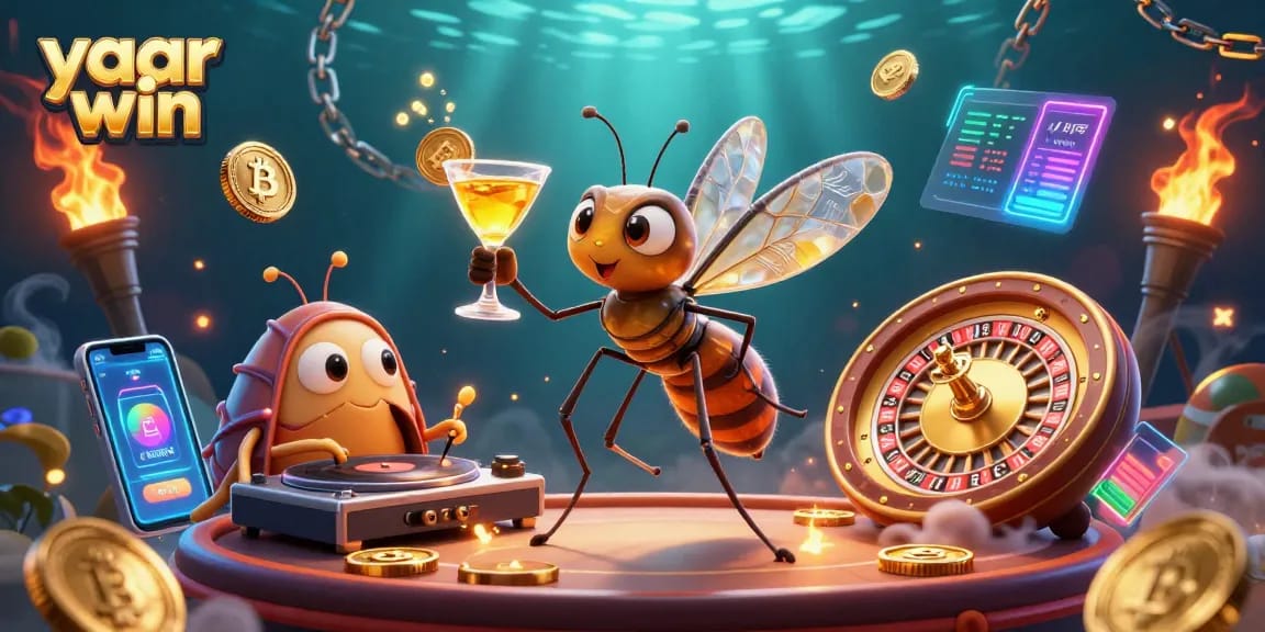 Experience yaar win excitement with a vibrant casino scene featuring unique characters and crypto elements.