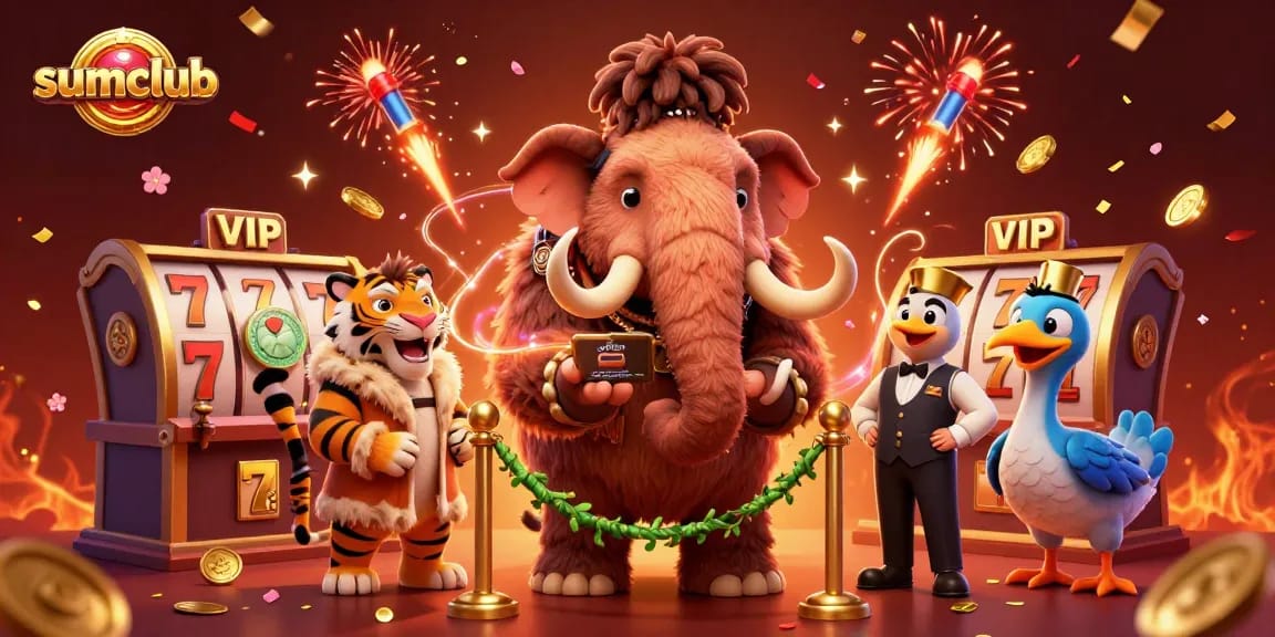 Experience thrilling gameplay at sumclub with a vibrant casino scene, showcasing unique characters and festive elements.