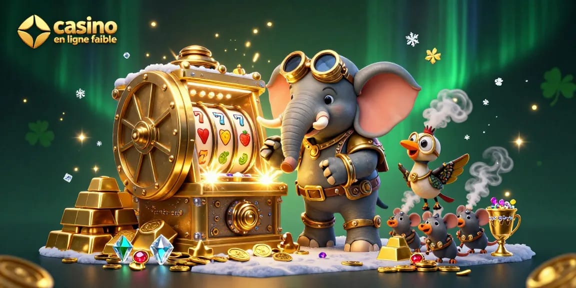 Créez votre succès au casino en ligne fiable avec un éléphant ingénieur steampunk et des machines à sous.