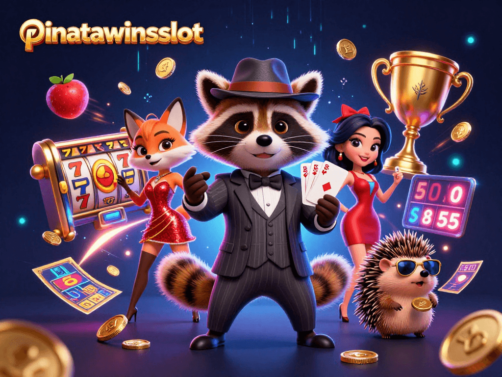Experience excitement at pinatawinsslot with a raccoon in a suit holding a royal flush amidst vibrant casino visuals.