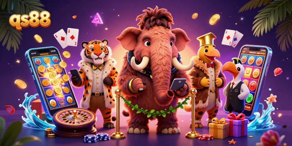 Experience qs88 gaming excitement with a vibrant scene featuring dynamic characters, slots, and casino elements.