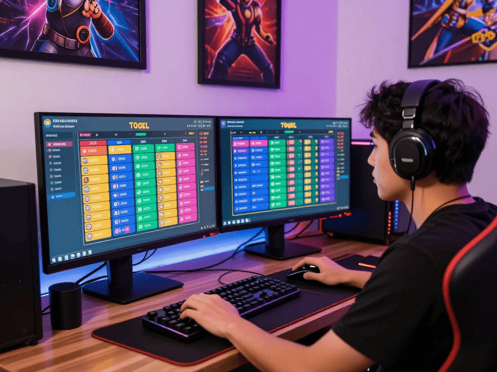 Dewatogel player engaged in live Togel games on dual monitors with vibrant betting options.