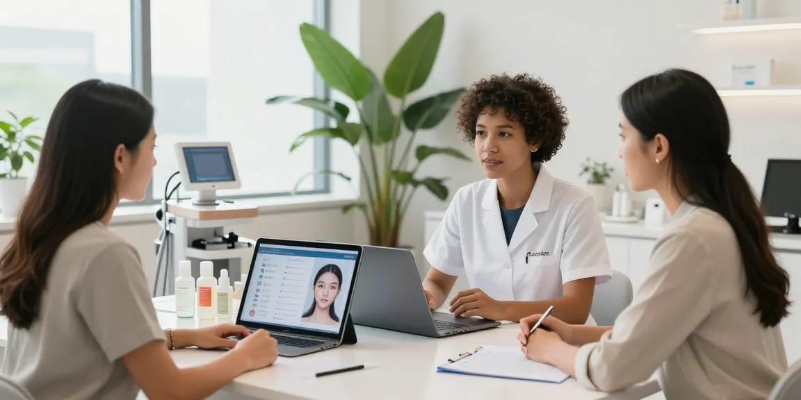 ClinicEvo cheaper than QOVES showcased in a modern consultation environment with diverse clients discussing facial analysis.
