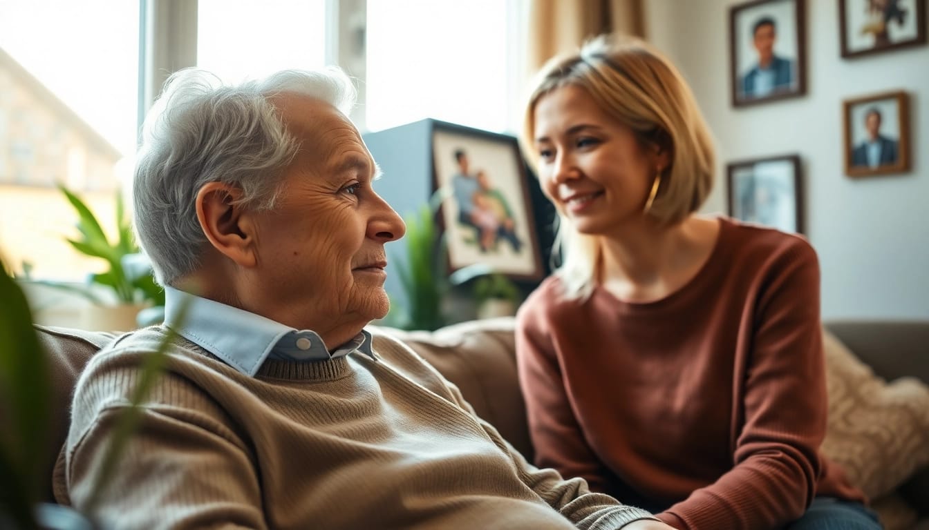 Senior loneliness home care showcased as a warm moment between caregiver and elderly resident.