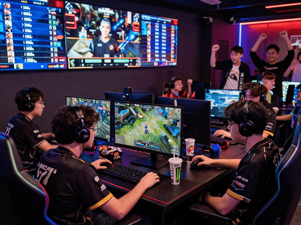 Esportspro.games dynamic betting scene showcasing gamers engaged in League of Legends matches with live odds.