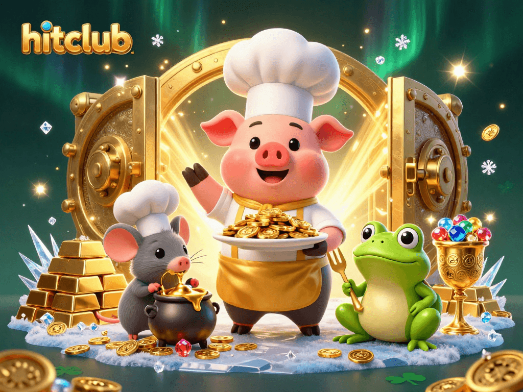 Engage with hitclub's vibrant casino scene featuring a chef pig and gold treasures.