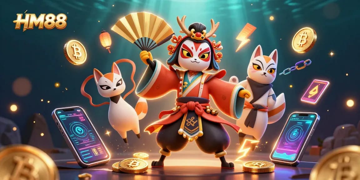 Engage in exciting gameplay at HM88 casino, where a kabuki warrior interacts with crypto symbols.