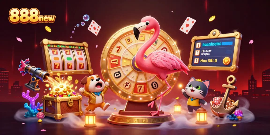 Experience thrilling gaming excitement with 888new as the flamingo spins the winning prize wheel surrounded by slot reels and treasures.