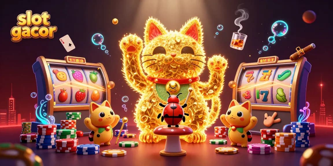 Experience thrilling slot gacor moments with vibrant casino elements featuring a lucky cat and golden fireflies