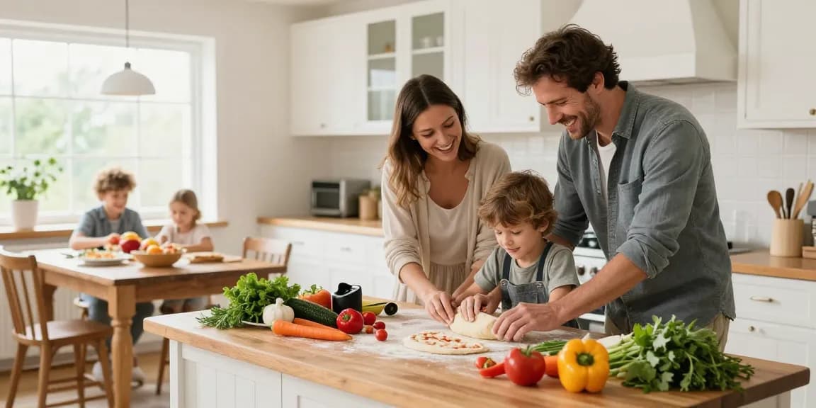 Situs epictoto digunakan dalam persiapan memasak pizza oleh keluarga di dapur yang ceria.