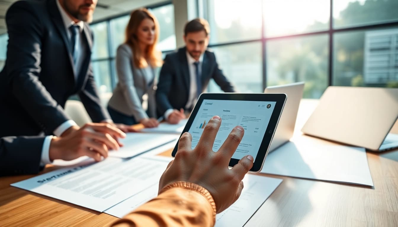 Illustration of contract administration documentation software being used by a professional business team.