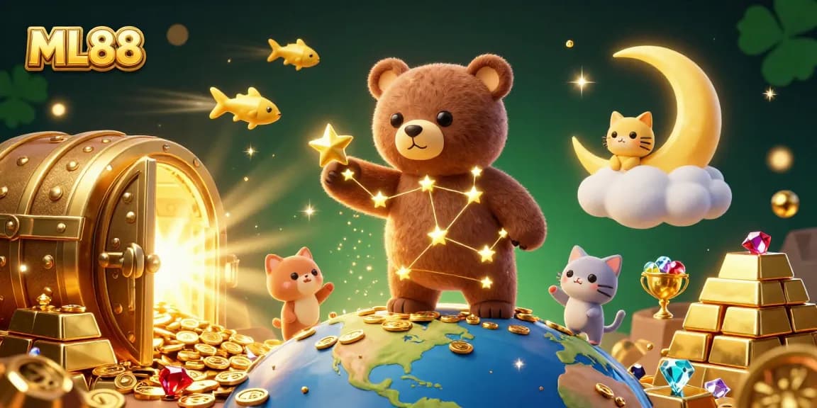 ML88 offers a vibrant casino experience with golden treasures and constellation characters celebrating wins in a rich 3D scene.